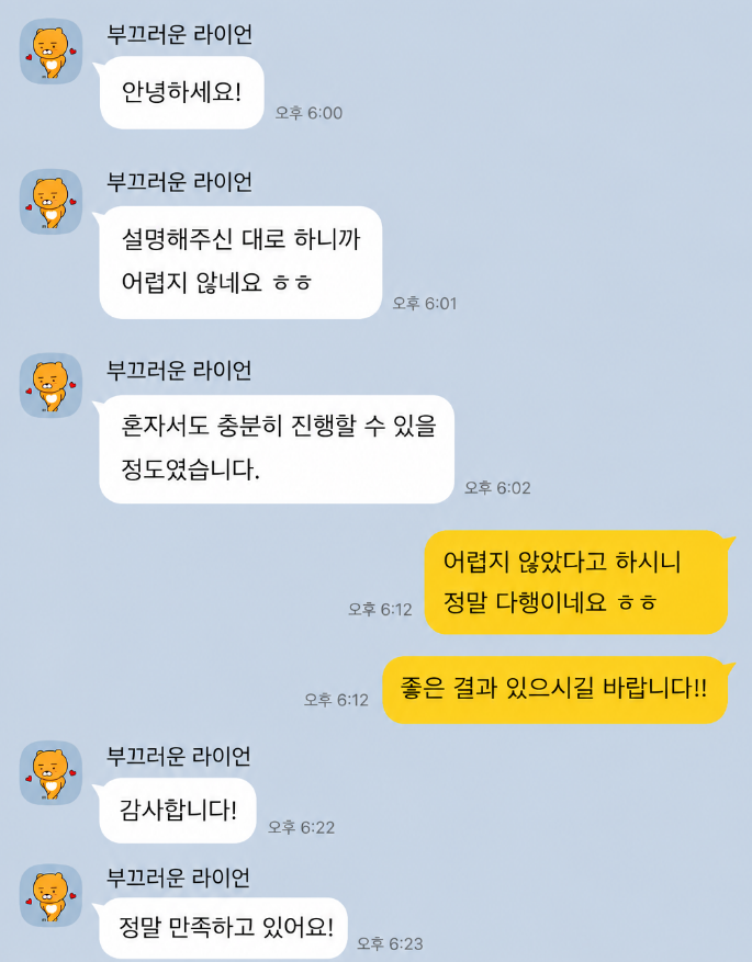 이용자 카카오톡 후기 2 — 혼자서도 충분히 진행 가능, 만족